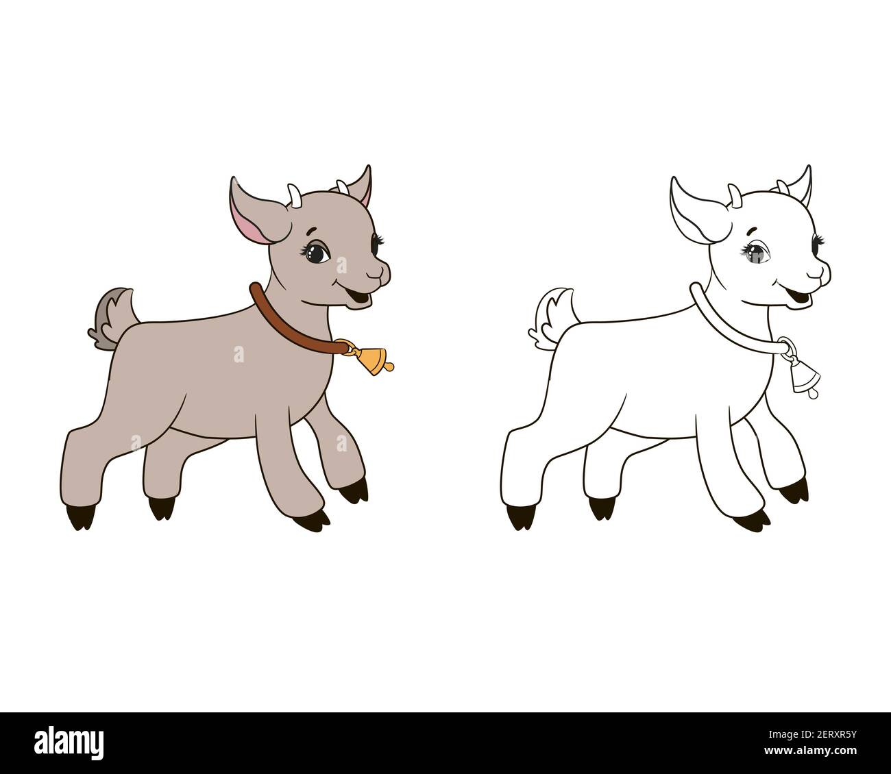 livre de coloriage, en chiffres, une petite chèvre saute en sonnant une cloche. Illustration vectorielle de style dessin animé, dessin au trait pour les petits Illustration de Vecteur