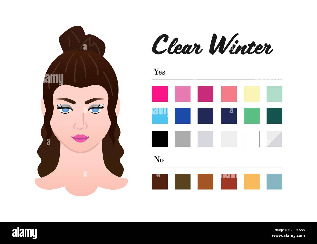 12 saisons types de couleur pour femme - Type hiver clair. Couleur parfaite  pour votre garde-robe. Ne pas utiliser et ne pas utiliser les couleurs dans  l'analyse de saison 12 Image Vectorielle