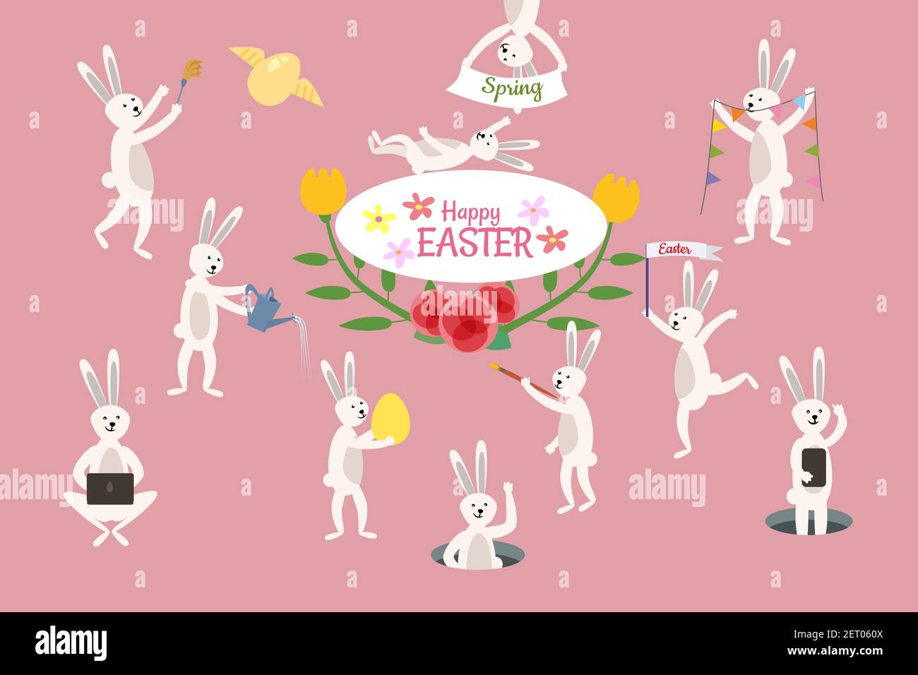 Ensemble de jolis lapins de Pâques et éléments de design. Lapin de Pâques, œufs et fleurs. Illustration vectorielle. Illustration de Vecteur