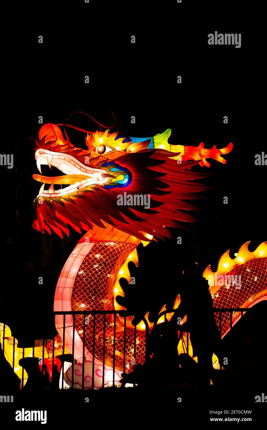 Festival des lanternes chinoises. Une lanterne dragon chinoise est debout derrière la clôture, et une silhouette d'une femme avec une petite calèche. Banque D'Images