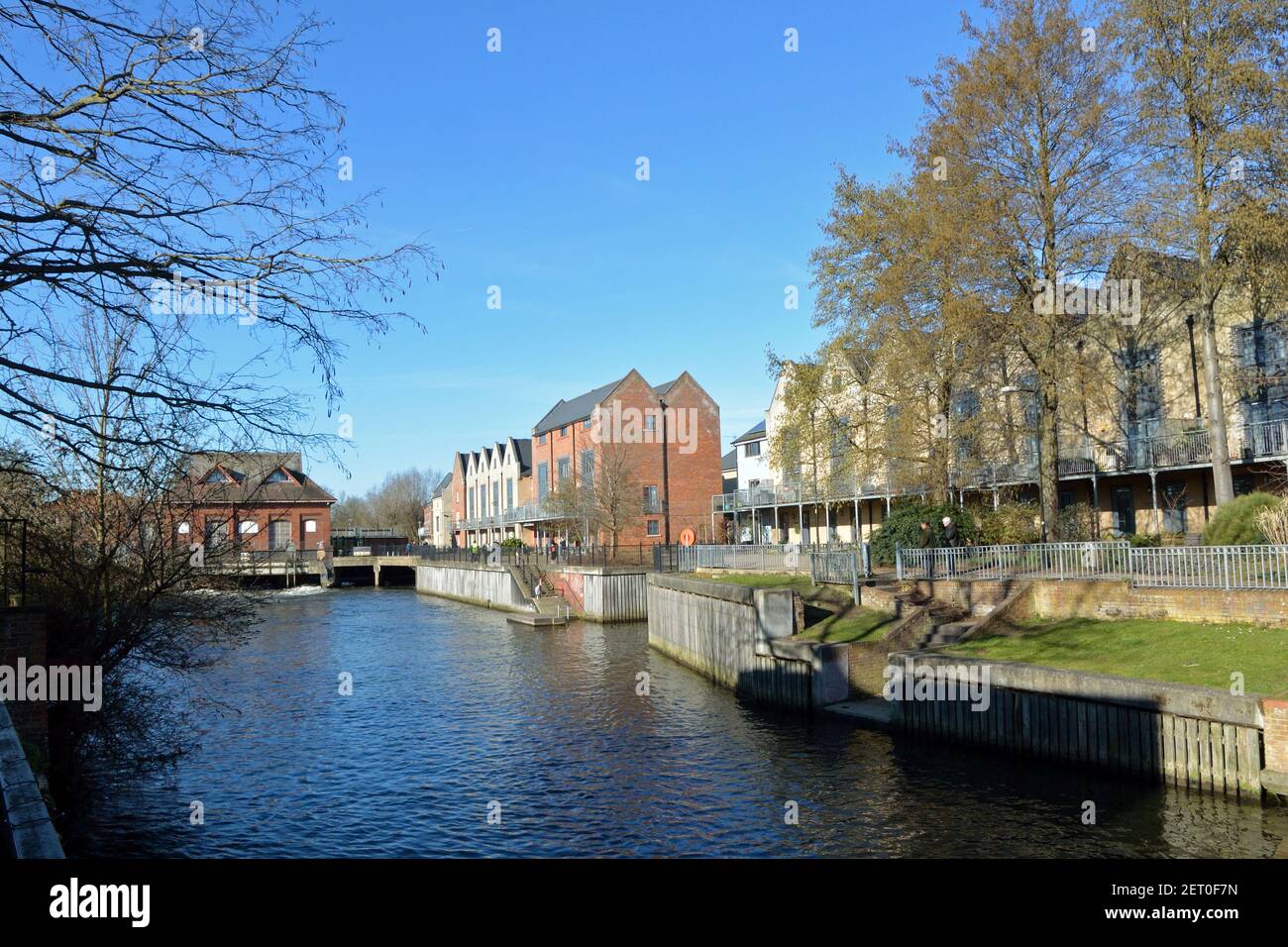 Vue sur la rivière Wensum en direction de New Mills sluice, Norwich, Norfolk, Royaume-Uni Banque D'Images