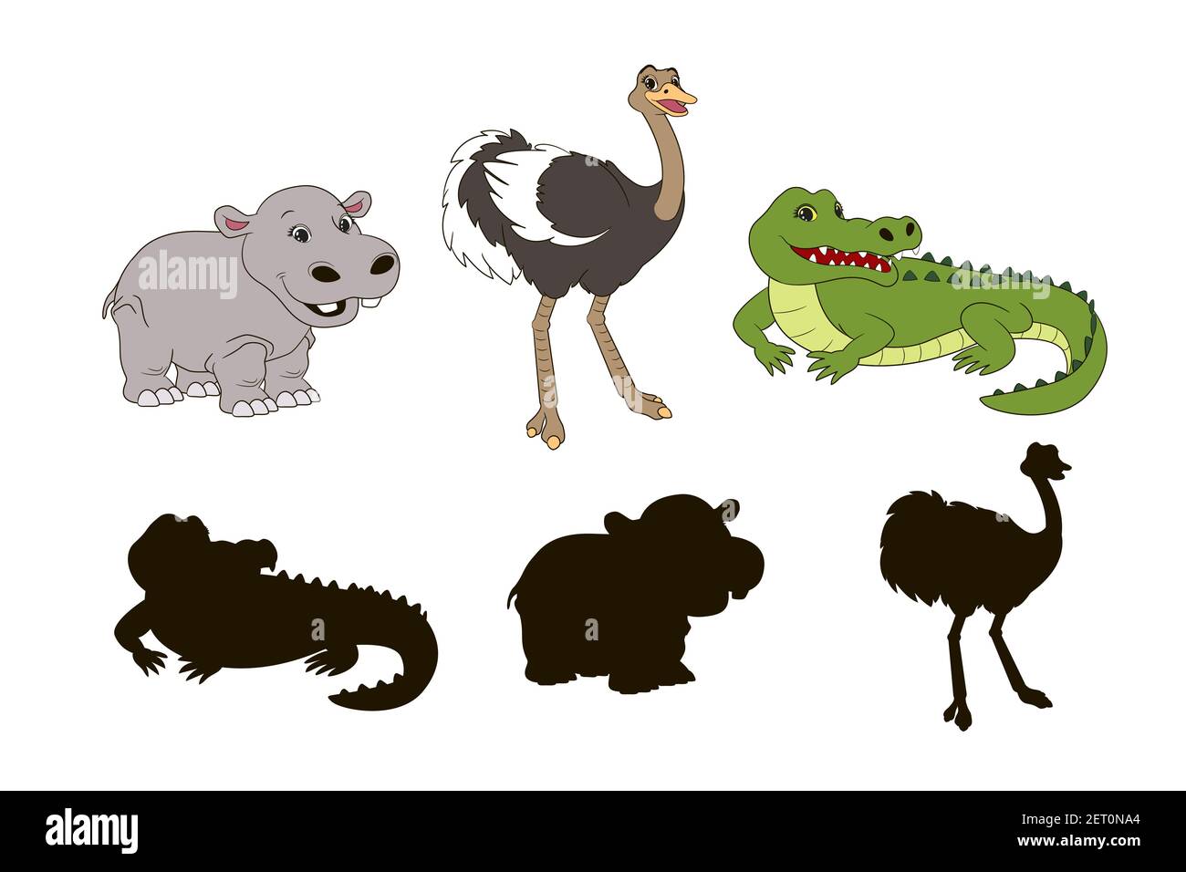 Trouvez l'ombre correcte. Jeu éducatif pour les tout-petits, crocodile de dessin animé, autruche et behemoth (hypopotamus) sur fond blanc, vecteur illustrati Illustration de Vecteur