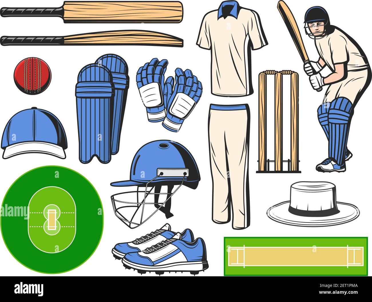 Équipement de cricket, icônes de sport du ballon, de la batte et du