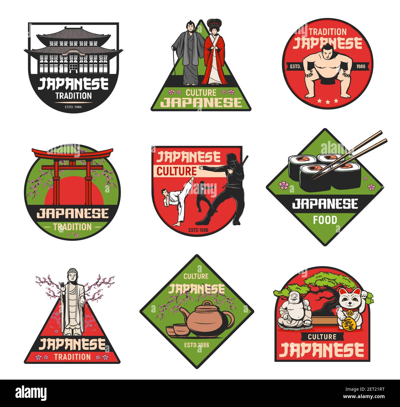 Culture et traditions japonaises vecteur icônes rétro. Japon célèbres monuments, visites, attractions touristiques, architecture et costumes. Histo asiatique Illustration de Vecteur