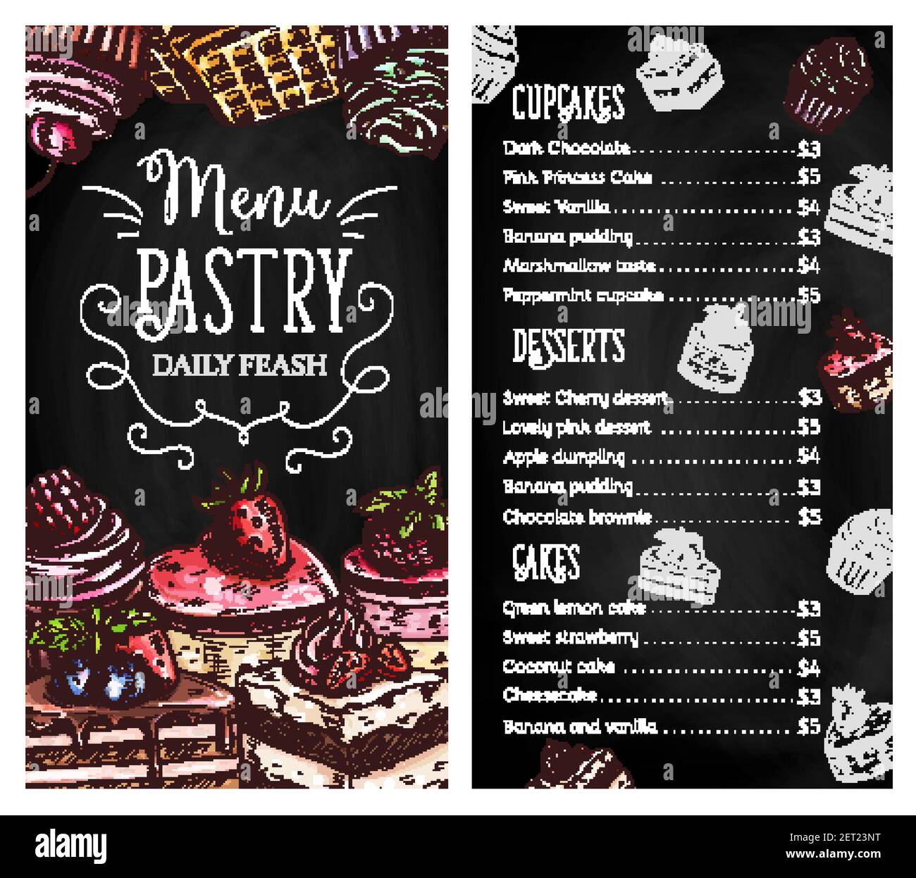 Modèle de page du menu du tableau des pâtisseries et desserts. Gâteau, cupcake et muffins avec glaçage au chocolat et craie fraîche aux myrtilles, fraises et framboises Illustration de Vecteur