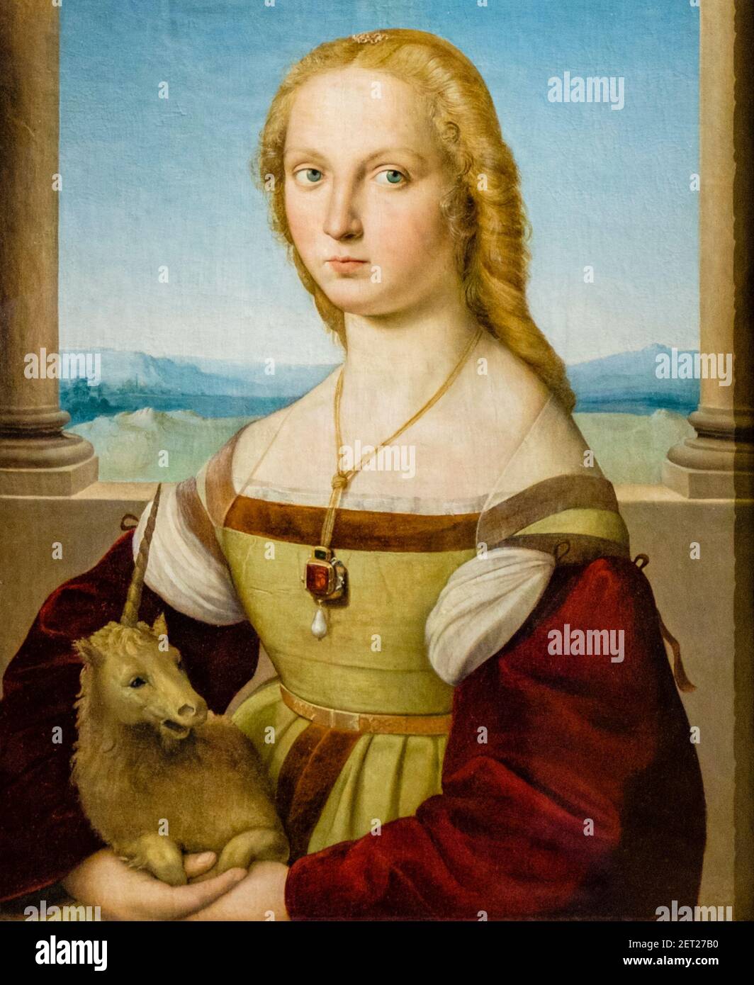 Art italien, Dame de la licorne, portrait de jeune femme avec licorne, par Raffaello Sanzio da Urbino (Raphaël), Galleria Borghese Museum, Rome, Italie Banque D'Images