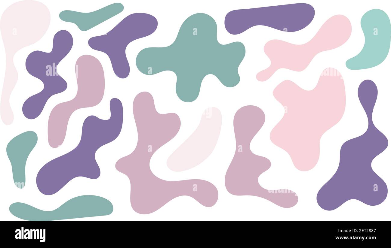 Blob irrégulier, ensemble de formes organiques abstraites. Breloques irrégulières de couleur rose et verte. Simple splodge liquide amorphe. Design minimaliste tendance pour pré Illustration de Vecteur