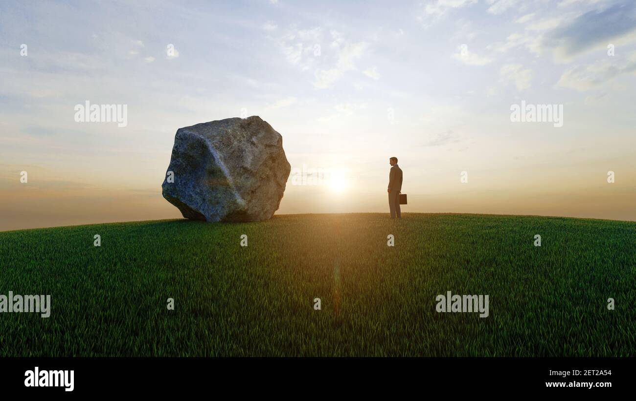 Concept de stress d'un homme d'affaires avec un grand rocher. rendu 3d Banque D'Images