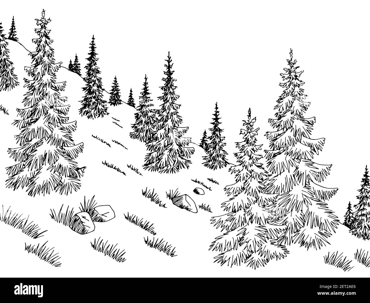 Mountain Forest Hill graphique noir blanc paysage esquisse illustration vecteur Illustration de Vecteur