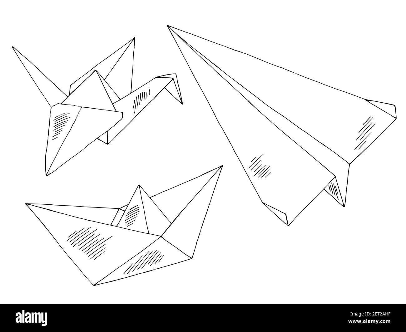 Origami papier navire avion grue graphique noir blanc ensemble isolé vecteur d'illustration d'esquisse Illustration de Vecteur