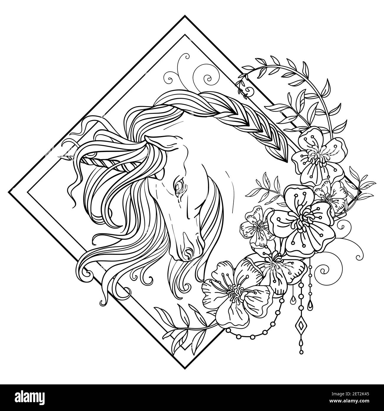 Tête de la licorne en profil avec une longue minière en forme de fleur. Illustration de contour noir et blanc vectoriel isolé pour pages de livre de coloriage pour adul Illustration de Vecteur