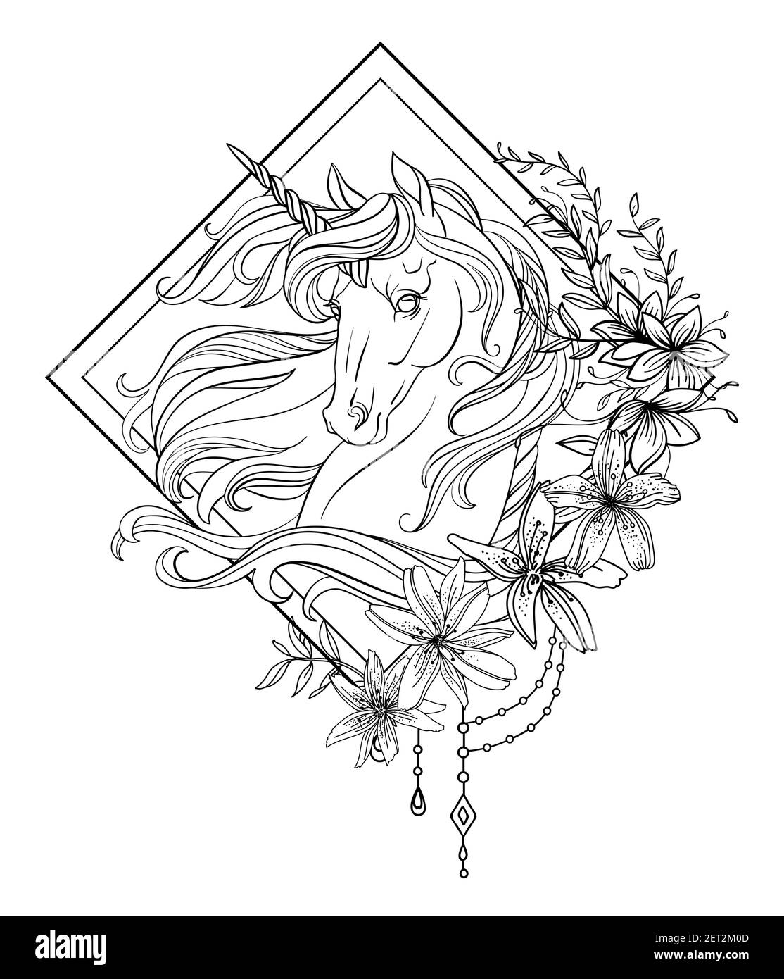 Tête de la licorne en profil avec une longue minière en forme de fleur. Illustration de contour noir et blanc vectoriel isolé pour pages de livre à colorier, design, Illustration de Vecteur