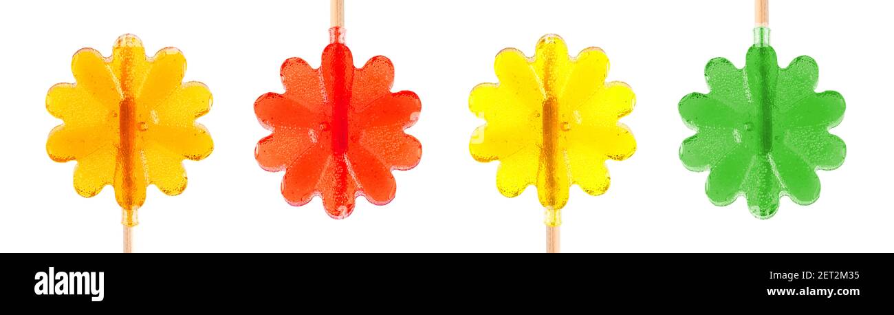 ensemble de sucettes en forme de fleur. sucettes sur fond blanc. Banque D'Images