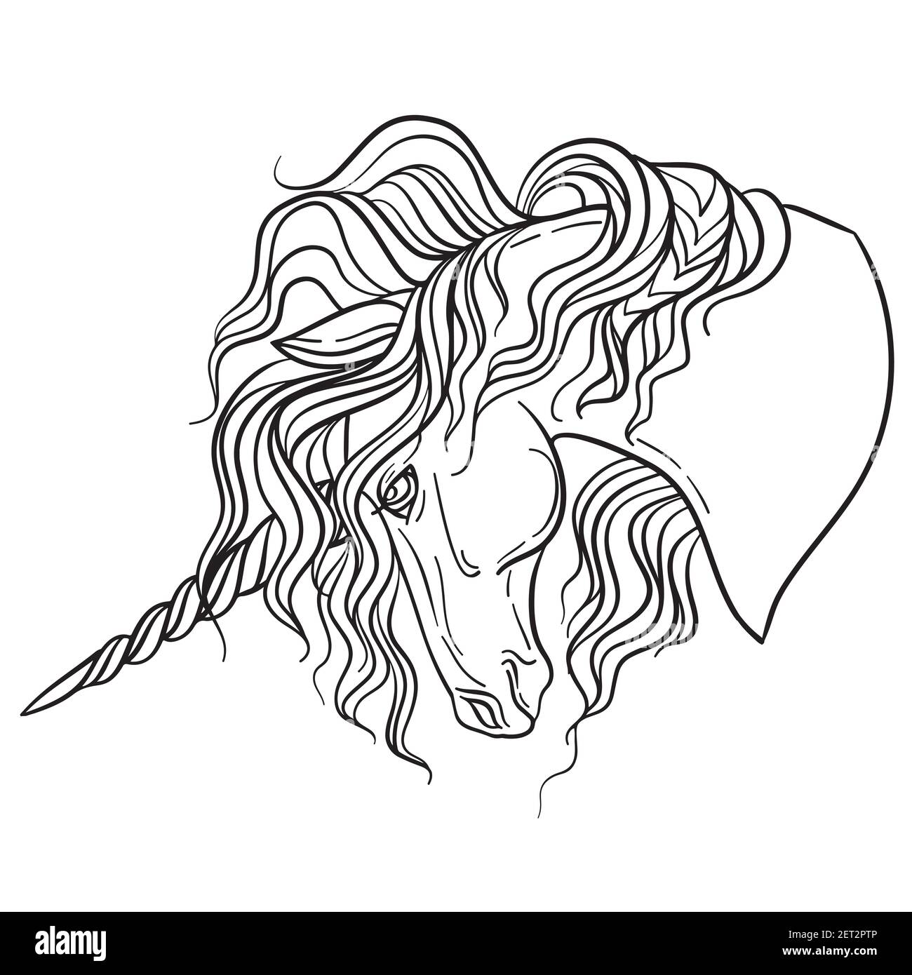 Magnifique profil de la licorne avec une longue minière. Illustration de contour noir et blanc vectoriel isolé pour les pages de livre à colorier, les dessins, les impressions, les poses Illustration de Vecteur