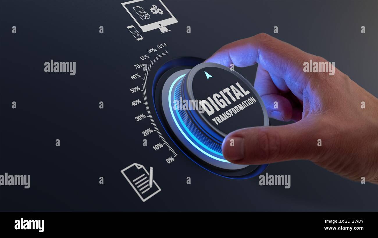 Transformation numérique utilisant les technologies de l'information comme le cloud computing, la gestion des processus métier et l'automatisation pour améliorer l'efficacité. Concept wi Banque D'Images