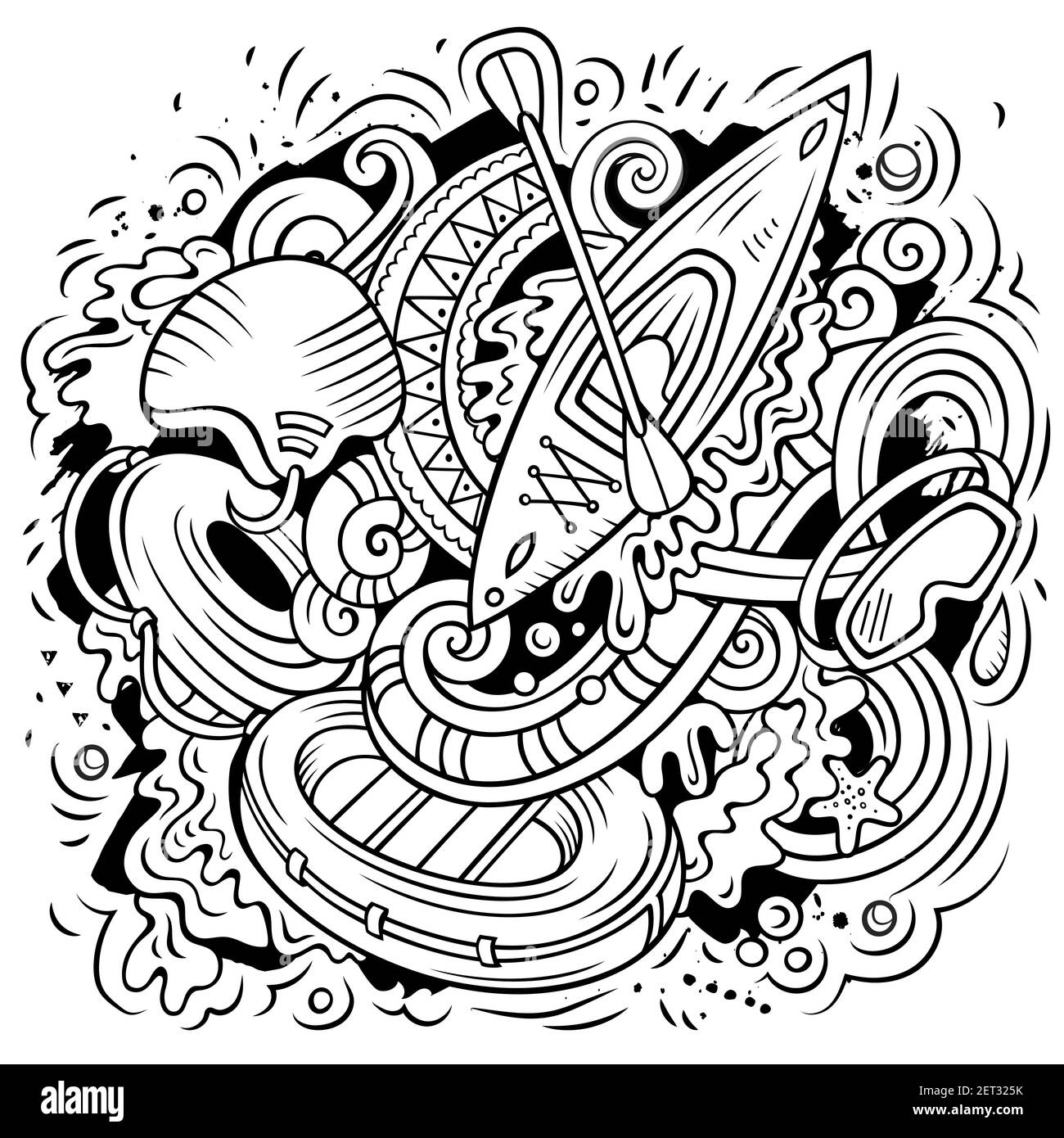 Illustration de la bande dessinée des sports d'été. Design amusant. Arrière-plan vectoriel créatif. Éléments et objets de sport nautique. Composition de dessins au trait Illustration de Vecteur