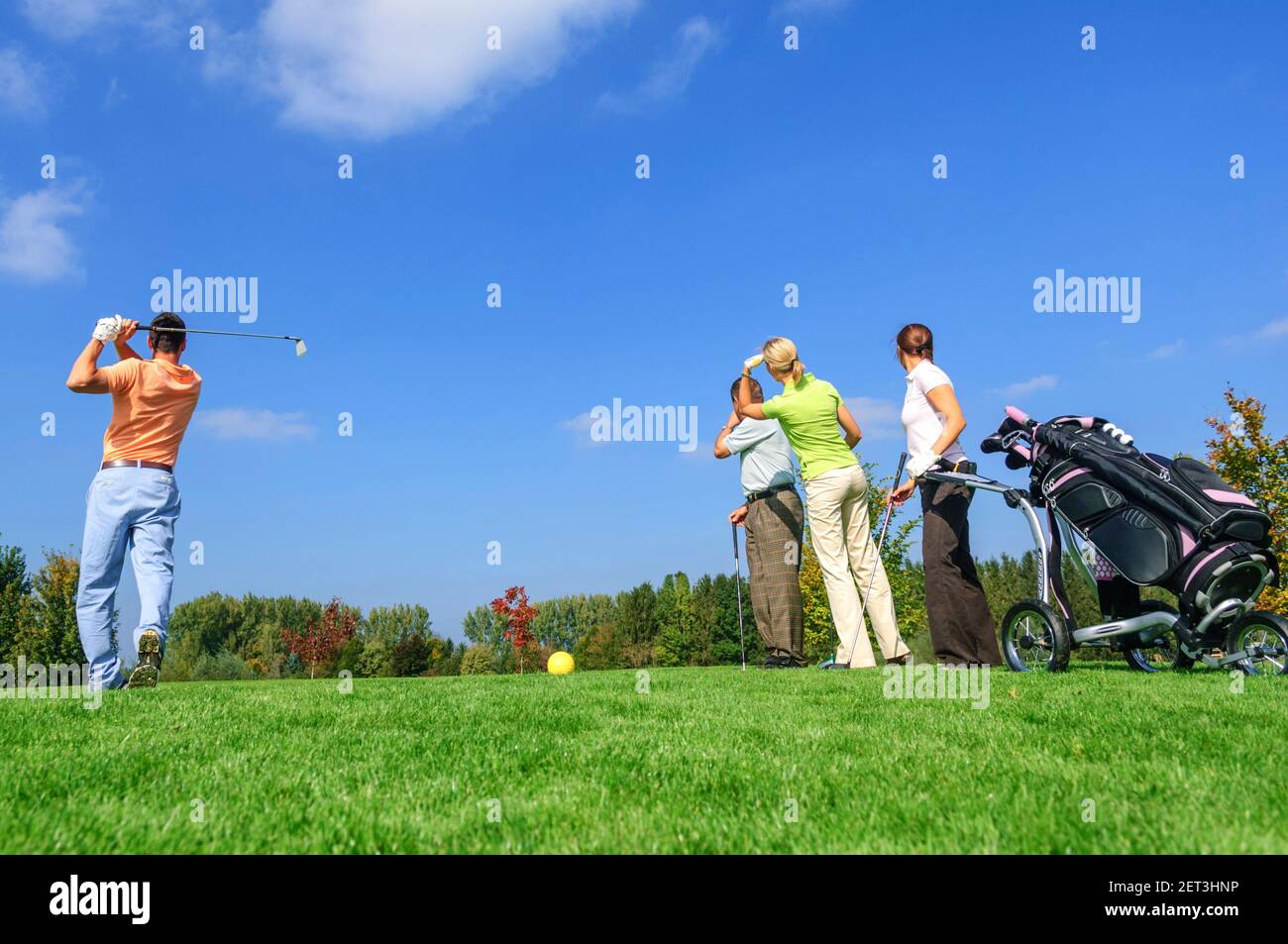 Les golfeurs observant le joueur tout en frappant une balle du tee Banque D'Images