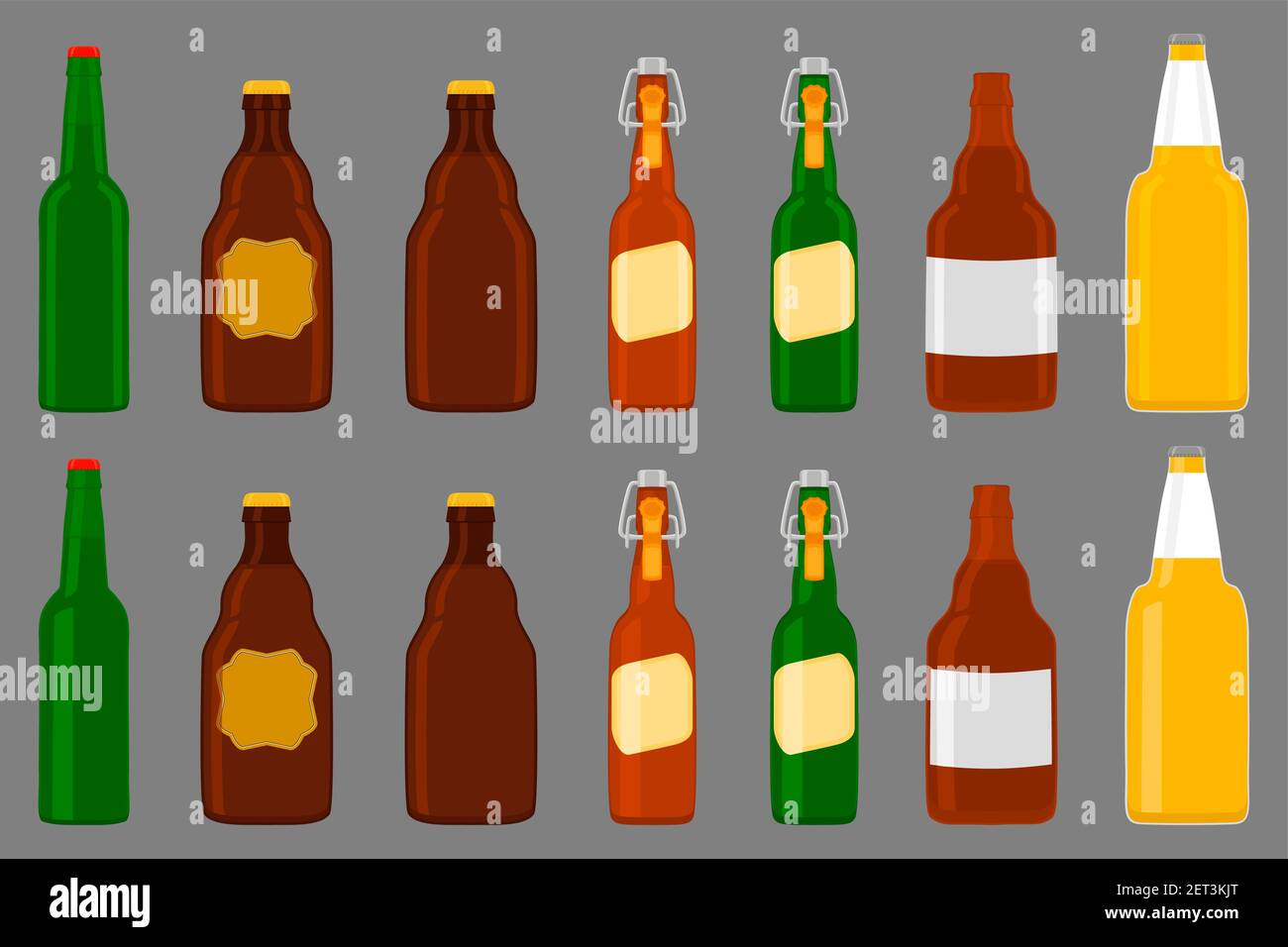 Illustration sur le thème grand kit bouteilles de bière en verre avec couvercle pour la brasserie. Bière à motifs composée de nombreuses bouteilles de verre identiques sur fond sombre. GLA Illustration de Vecteur
