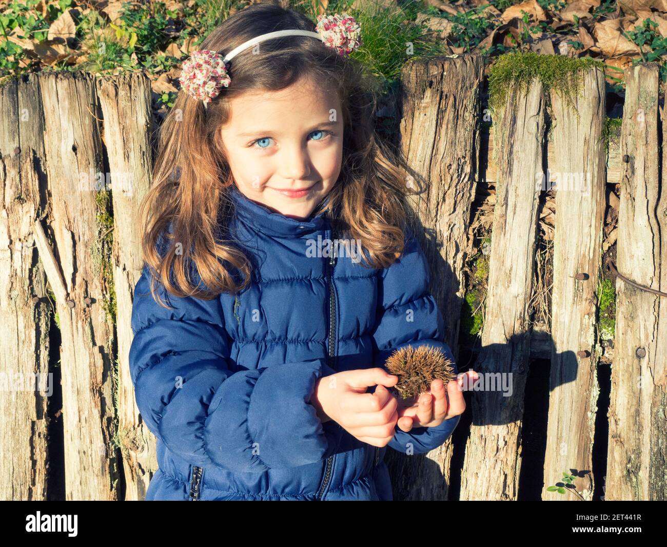 Fille souriante debout près d'une clôture tenant un cheval châtaignier, Italie Banque D'Images