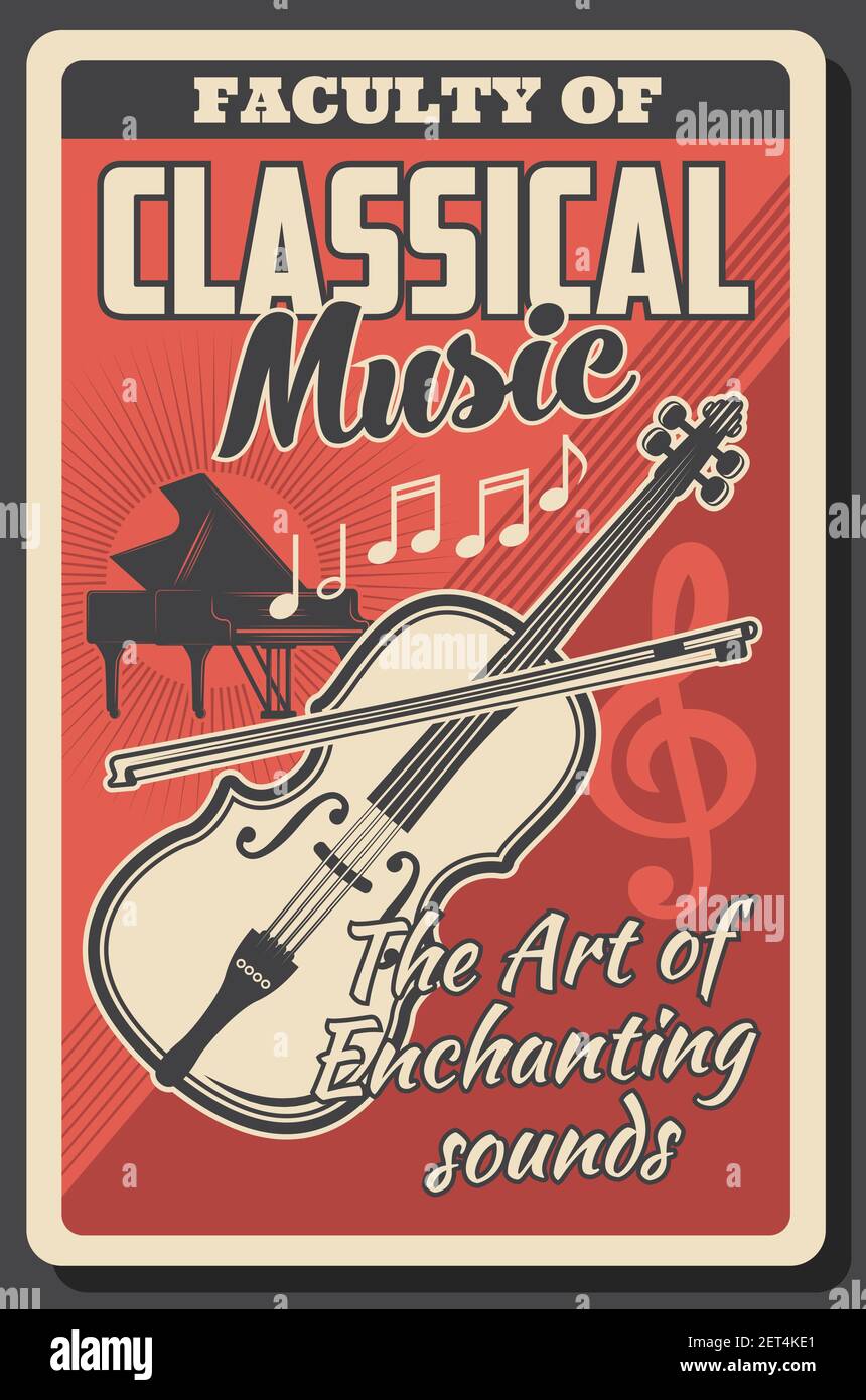 École de musique classique ou faculté d'université. Grand piano et violon avec arc, notes, fente d'aigus gravée vecteur. Cours de formation à l'école d'art de la musique, Uni Illustration de Vecteur