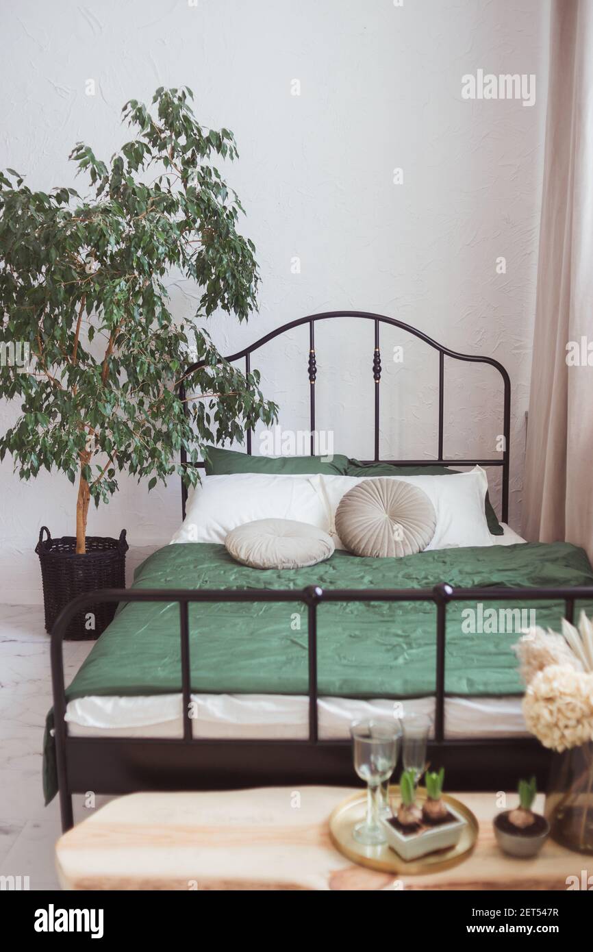Chambre lumineuse avec lit encadré en métal noir et plante de la maison  arbre Photo Stock - Alamy