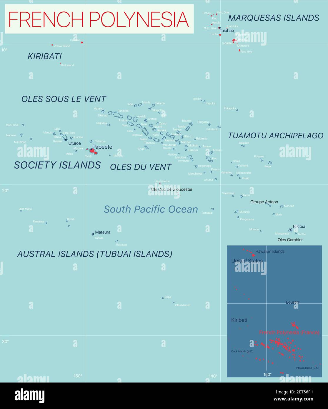Polynésie française carte détaillée modifiable avec villes et sites géographiques. Fichier vectoriel EPS-10 Illustration de Vecteur