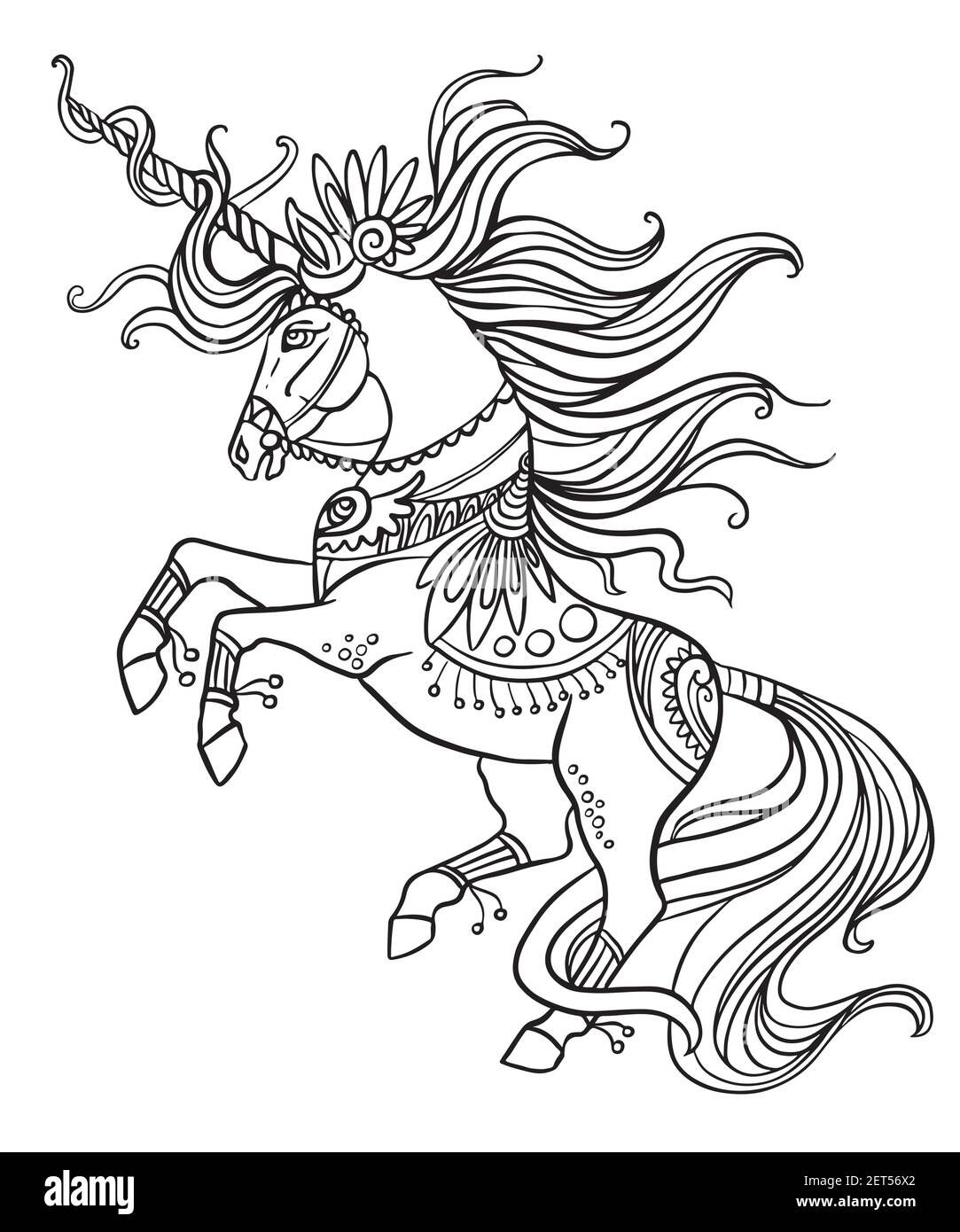 Élégante licorne ornée d'une longue minière. Illustration vectorielle noir et blanc de contour isolé pour les pages de livre à colorier, le design, les impressions, les affiches, les posters Illustration de Vecteur