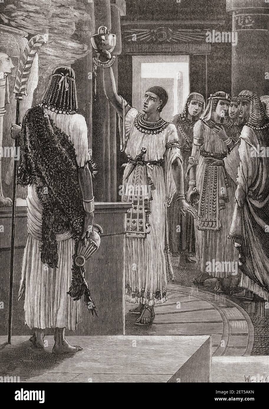 Wahibre Psamtik I, alias Psammeticus ou Psammetichus, 664-610 av. J.-C. Roi de la 26e dynastie d'Égypte. Le dernier jour d'une fête dans le temple d'Hephaestus, le souverain sacrificateur a fait sortir les phals d'or pour la libation, Mais compté à tort et a donné onze aux douze rois qui y étaient assemblés, Psammetichus qui n'avait pas reçu de flacon, a enlevé son casque de bronze et y a versé la libation. Les autres rois se souvenant que l'oracle avait promis la souveraineté de toute l'Égypte à quiconque devrait verser des libations d'un navire de bronze exilé Psammetichus dans les marais du delta du Nil. De Cassell Banque D'Images