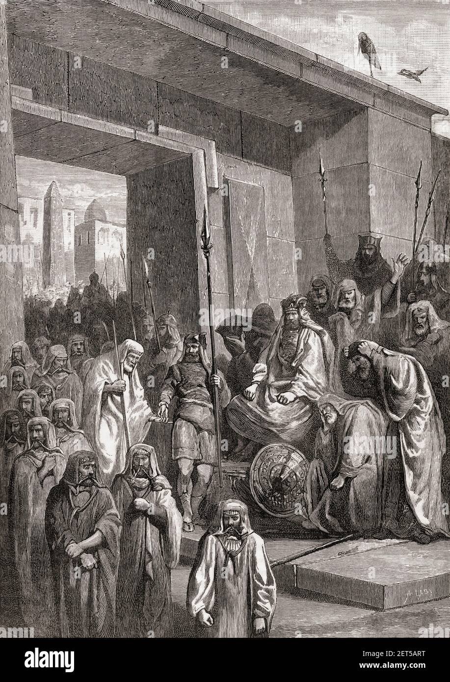 La rencontre entre Psamtik III et Cambyses. Psamtik III alias Psammetichus, dernier Pharaon de la vingt-sixième dynastie d'Égypte. Roi Cambyses II de Perse. Psamtik avait gouverné l'Égypte pendant seulement six mois avant que Cambyses II et son armée n'envahissent l'Égypte. Il a ensuite été vaincu à la bataille de Pelusium en 525 av. J.-C. et s'est enfui à Memphis où il a été capturé. De l'Histoire universelle de Cassell, publié en 1888. Banque D'Images