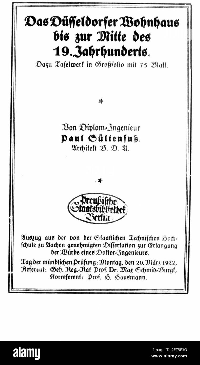 Paul Sültenfuß, Das Düsseldorfer Wohnhaus bis zur Mitte des 19. Jahrhunderts, (DISS. TH Aachen), 1922, Titelblatt. Banque D'Images