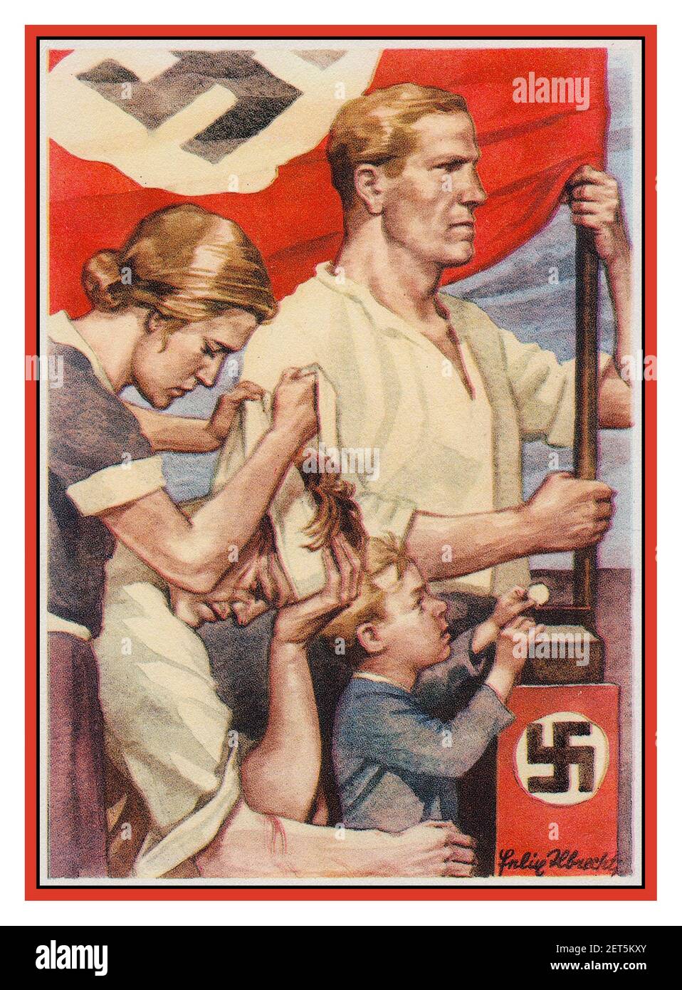Carte d'affiche vintage des années 1930 NSDAP partie de propagande de don de Felix Albrecht. . Pour les victimes de rue de chemises bruns de la sa -- la femme se liant les combattants du front, et le petit garçon mettant sa pièce dans la boîte de swastika ornée pour aider les pauvres Nazis stormtroopers.1931 Banque D'Images