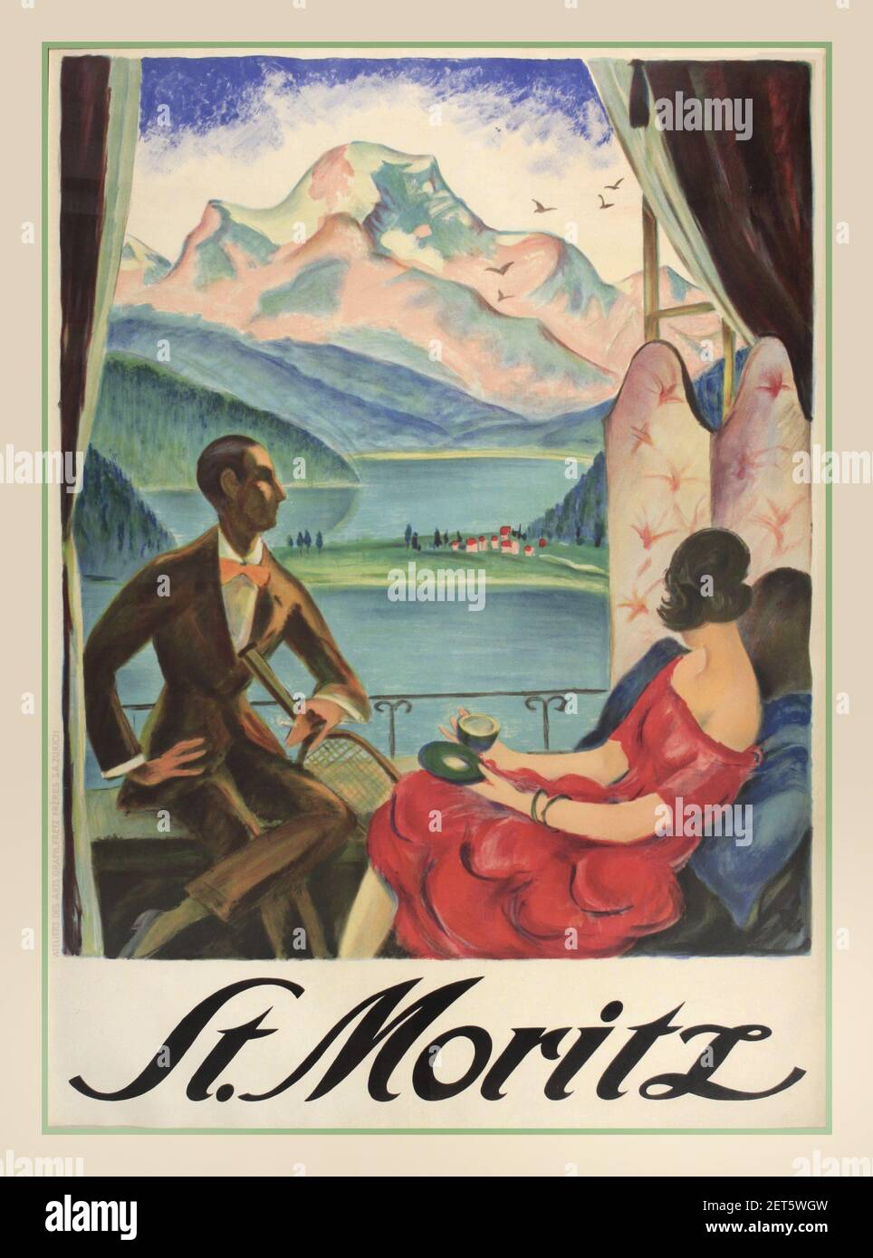 Lithographie d'affiche de voyage de Saint-Moritz par Hugo Laubi (1888-1959) Saint-Moritz (couple admiratif de la vue), affiche originale imprimée par l'atelier des Arts Graph. Fretz Freres S.A. Zurich 1934 Banque D'Images