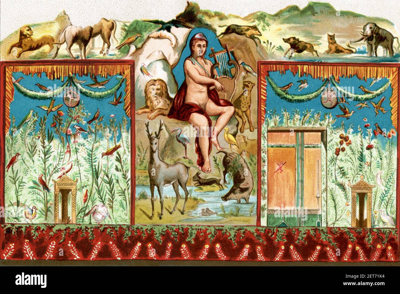 Cette illustration des années 1880 montre une fresque découverte à Pompéi d'Orpheus enchantant les animaux avec son lyre jouant. Dans la mythologie grecque, Orpheus était un célèbre barde thrace dont la musique lyre charlait même le plus sauvage des animaux et même des plantes, des arbres et des rochers (comme on l'a vu ici). Fils de la Muse Calliope, il a épousé la nymphe Eurydice après avoir participé à l'expédition Argonaut. Selon la mythologie grecque, après qu'un serpent l'ait tuée, Orpheus est allé à Hadès (le monde sous-jacent) pour la chercher. Charmé par sa musique, les dieux l'ont libérée, mais à condition qu'il ne la regarde pas jusqu'à ce qu'il atteigne le haut Banque D'Images