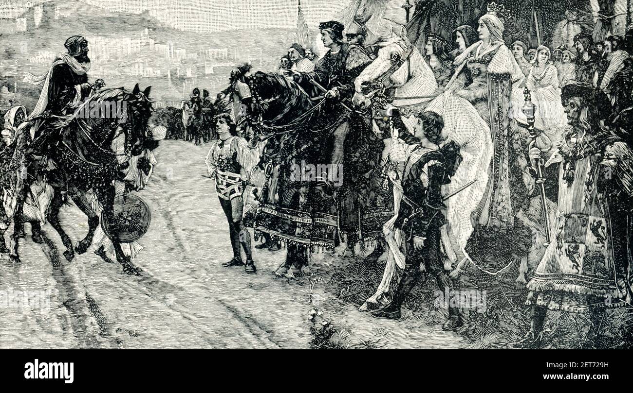 Cette image montre Boabdil, le dernier Moor de Grenade, qui rend ses possessions à Ferdinand et Isabella, un tableau de F Pradilla. Boadil (également orthographié Boabdil) (mort en 1538) était le dernier roi mauresque de Grenade (en Espagne d'aujourd'hui). Il régna de 1482 à 1492, quand il battit par Ferdinand V et Isabella, connus sous le nom de monarques catholiques. Les deux étaient des dirigeants de Castille et de Leon de 1474-1504. Ferdinand était également roi de l'oif Aragon, de la Sicile et de Naples. Les deux ont achevé la reconquête de l'Espagne des Moors. Après sa défaite, Boadil s'enfuit à Morroco. Dans cette illustration, Boadil est s. Banque D'Images