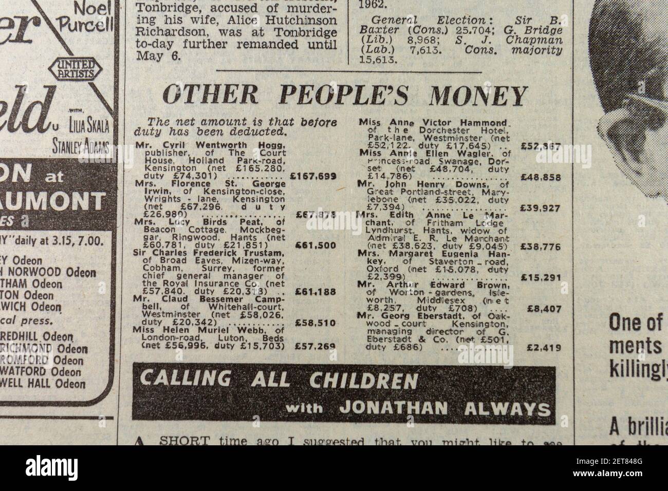 'Other People Money' montrant les droits payés sur les successions de personnes dans le journal Evening News (lundi 27 avril 1964), Londres, Royaume-Uni. Banque D'Images