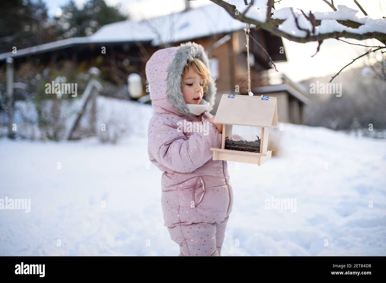 Petite fille à l'extérieur dans le jardin d'hiver, debout près d'un mangeoire à oiseaux en bois. Banque D'Images