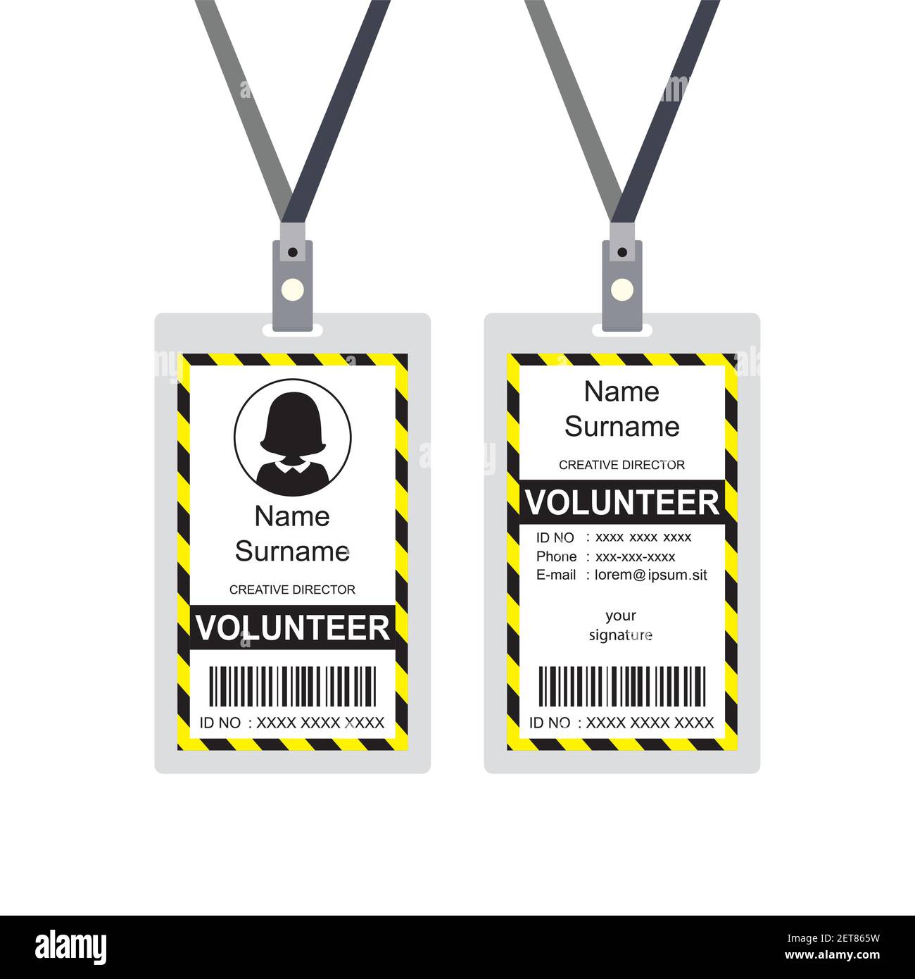 Badge ou carte d'identité de volontaire plastifié, vue avant et arrière, isolé sur fond blanc, modèle plat avec emplacement pour photo, illustrateur vectoriel Illustration de Vecteur