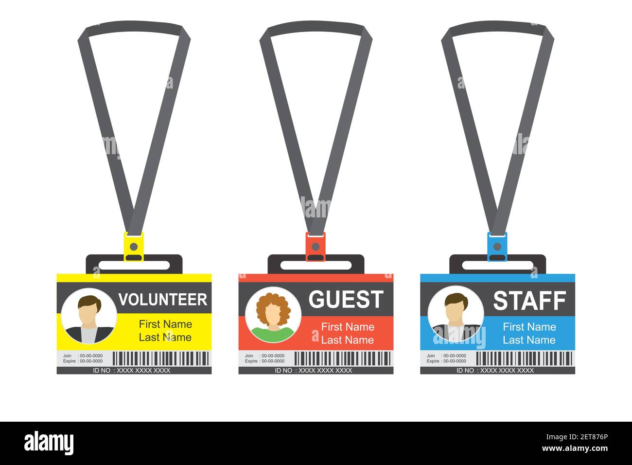 Lot de trois badges ou cartes d'identité en plastique et laminé, plats modèle,isolé sur fond blanc,illustration vectorielle Illustration de Vecteur