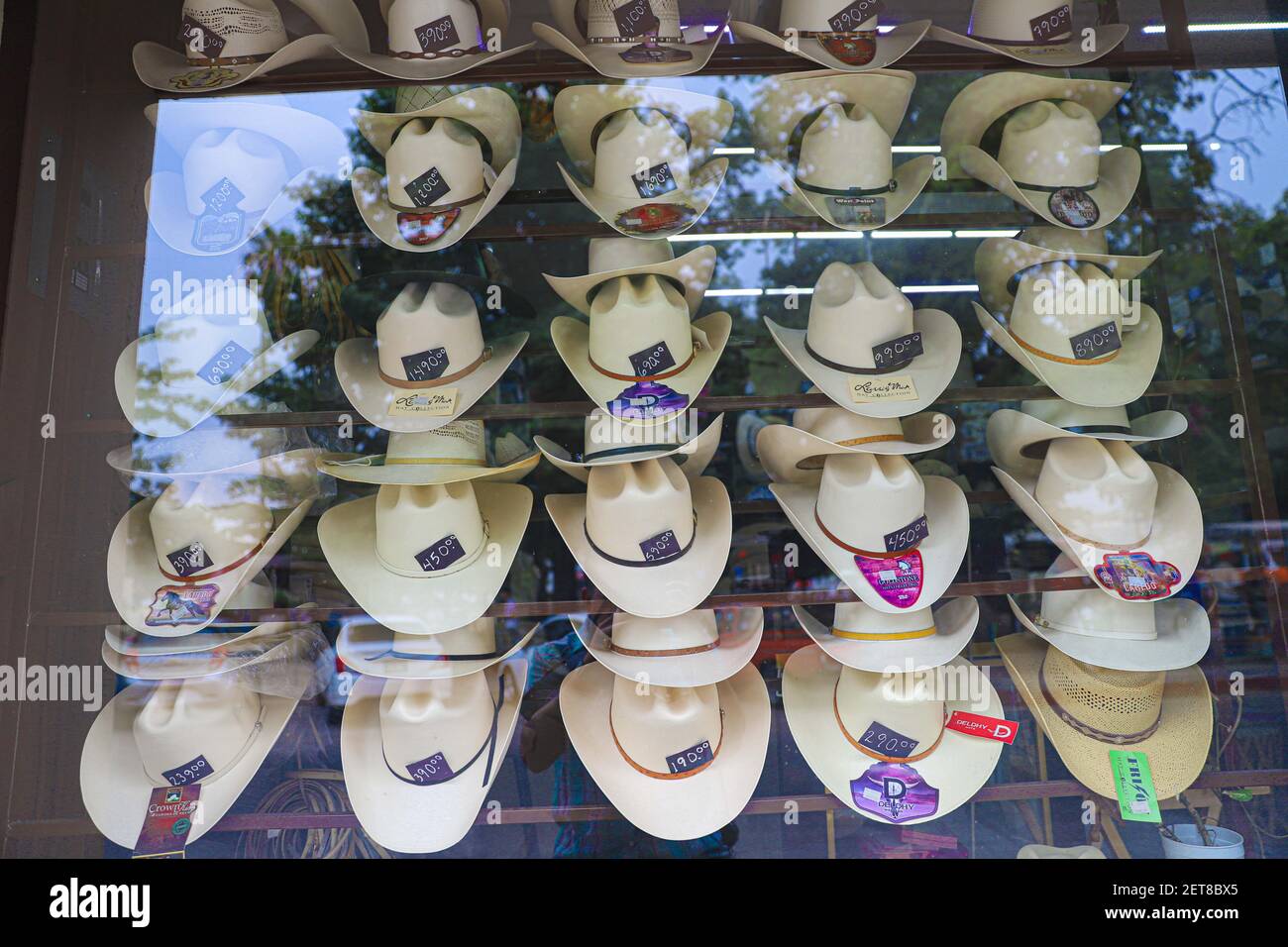 Divers chapeaux dans une vitrine d'un magasin de vêtements de cow-boy dans  le centre-ville de Hermosillo Mexique. (Photo par Luis Gutierrez / Norte  photo) Varios sombreros en una v Photo Stock -