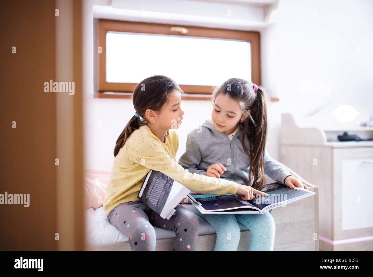Deux petites filles sœurs à l'intérieur à la maison, lisant des livres. Banque D'Images