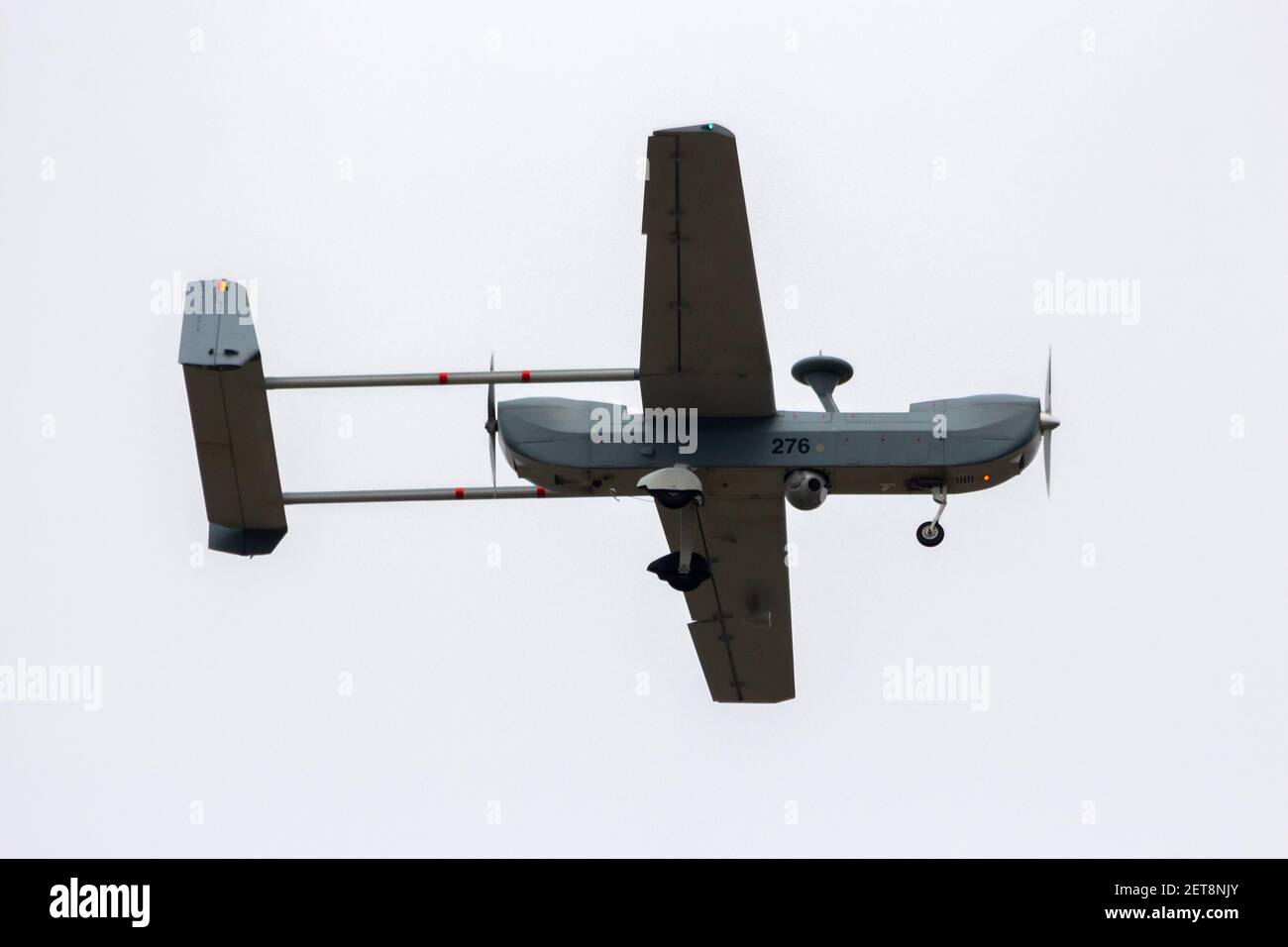 Composante aérienne belge IAI RQ-5 Hunter véhicule aérien sans pilote (UAV) en vol au-dessus de la base aérienne Kleine-Brogel. Belgique - 13 septembre 2014 Banque D'Images