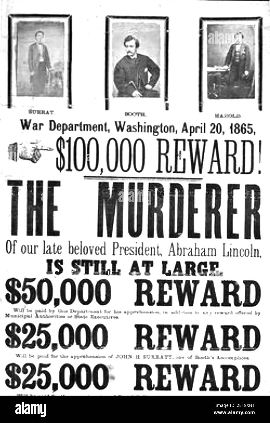 ABRAHAM LINCOLN (1809-1865) est assassiné comme 16e président des États-Unis. Affiche de récompense, Banque D'Images