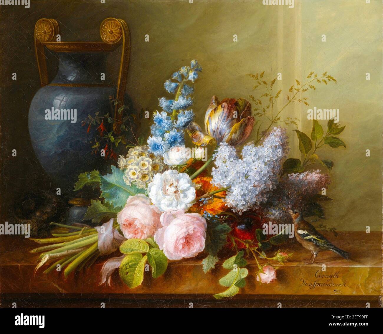 Cornelis van Spaendonck oeuvre de 1810 intitulée bouquet de fleurs avec un oiseau. Banque D'Images