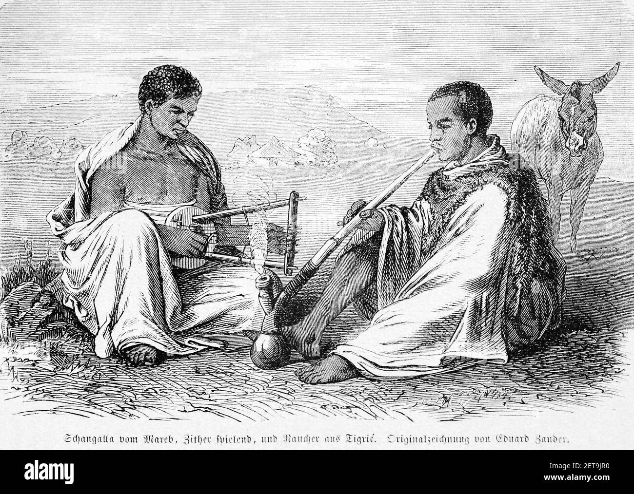 Schangalla de Mareb jouant le cithare et un fumeur de Tigray, Abyssina, Ethiopie, Afrique de l'est, R.Angree, Abessinien, Land und Volk, Leipzig 1869 Banque D'Images