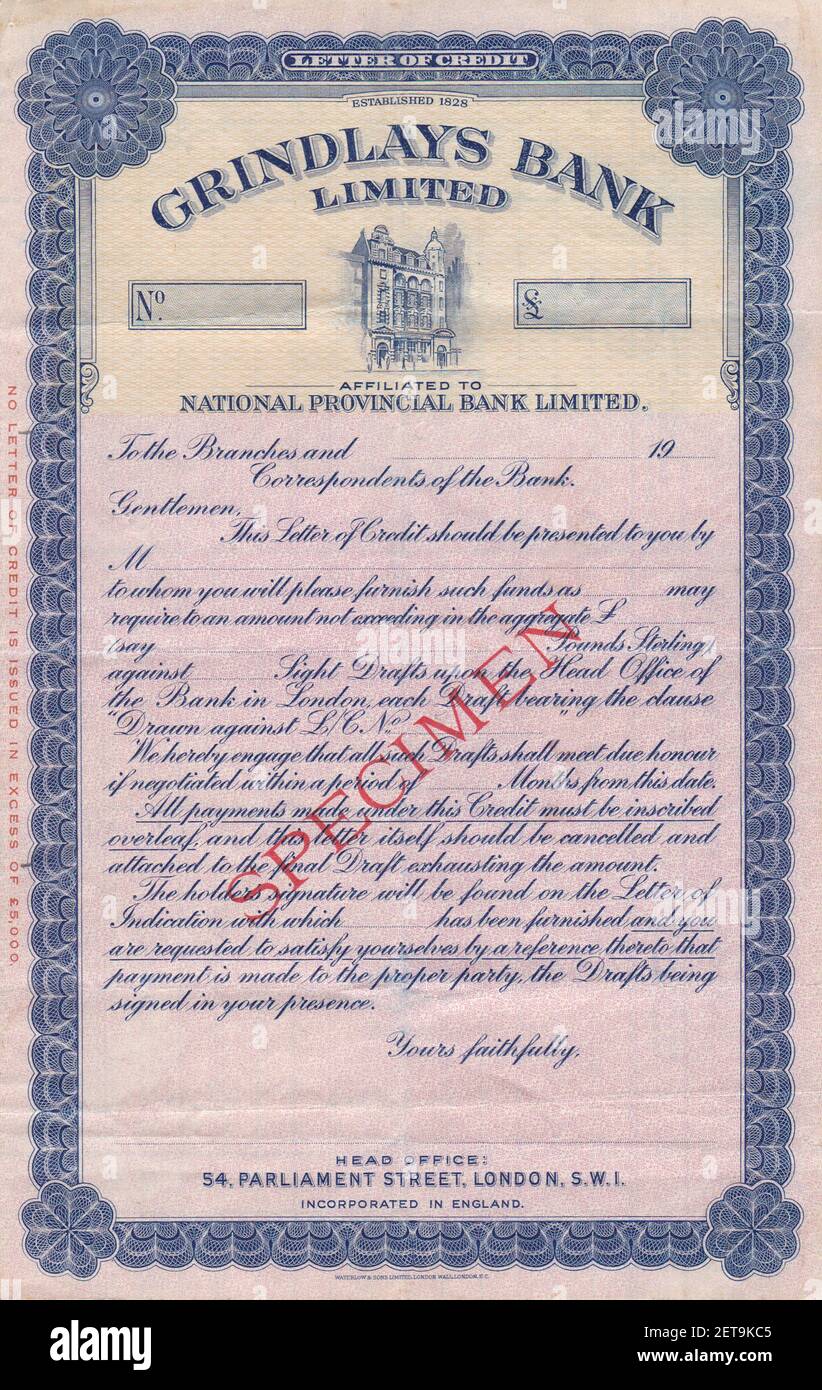 Détail d'un spécimen historique de la lettre de crédit de la Grindlays Bank Banque D'Images