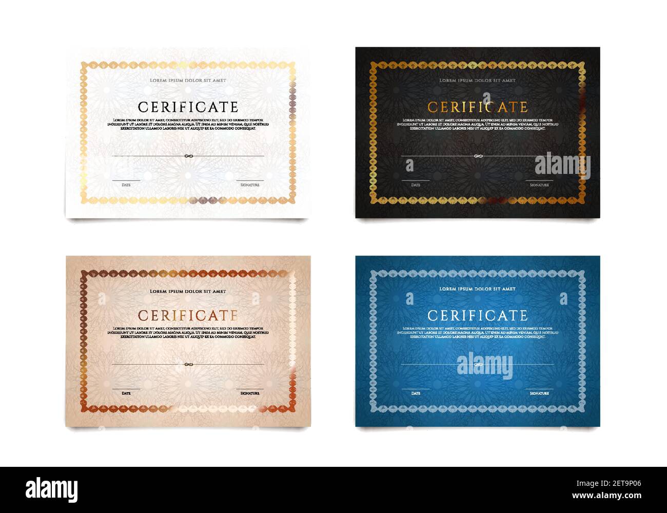 Ensemble de différents certificat de luxe gagnant, diplôme blanc sur blanc Illustration de Vecteur