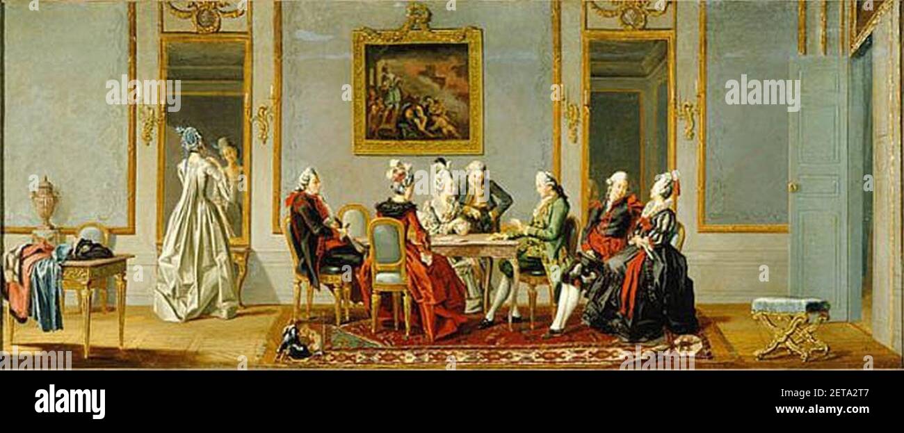 Pehr Hilleström-Gustave style intérieur avec joueurs de cartes. Banque D'Images