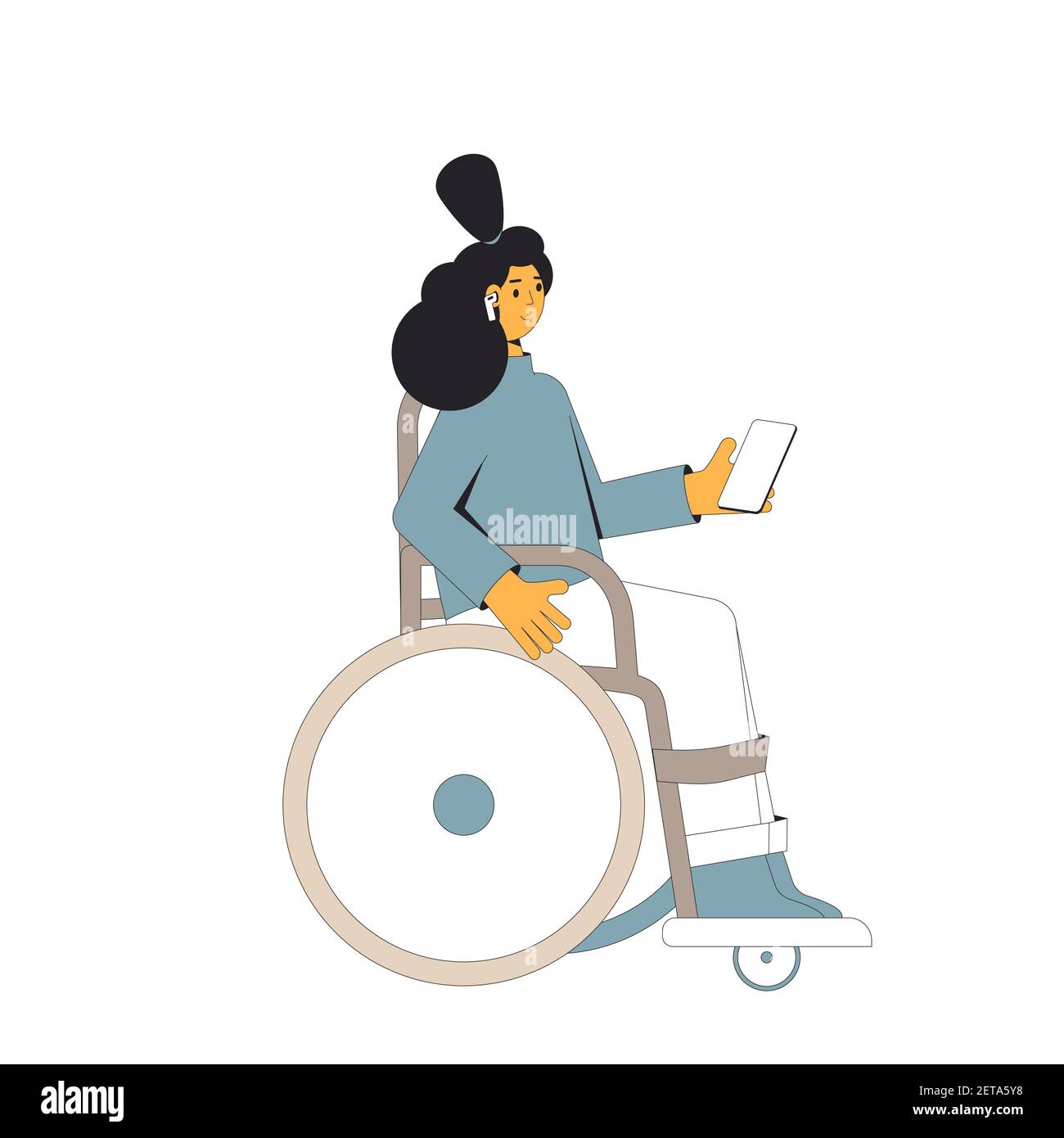 Adolescente assise en fauteuil roulant et à l'écoute de musique, podcast, livre audio, conférence avec téléphone et casque isolés sur fond blanc. Social Illustration de Vecteur