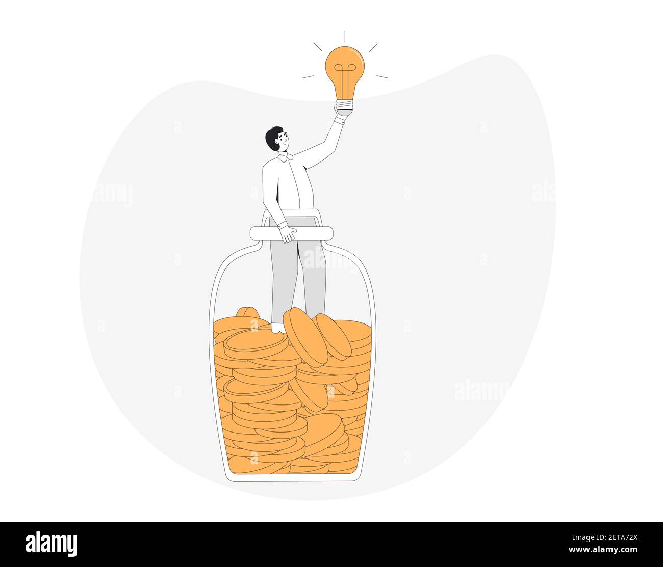 Concept de richesse. Une idée commerciale pour le profit. Économisez de l'argent. Jeune Manager debout dans un pot de pièces de monnaie avec une ampoule dans sa main. Homme avec moneybox. Illustration de Vecteur