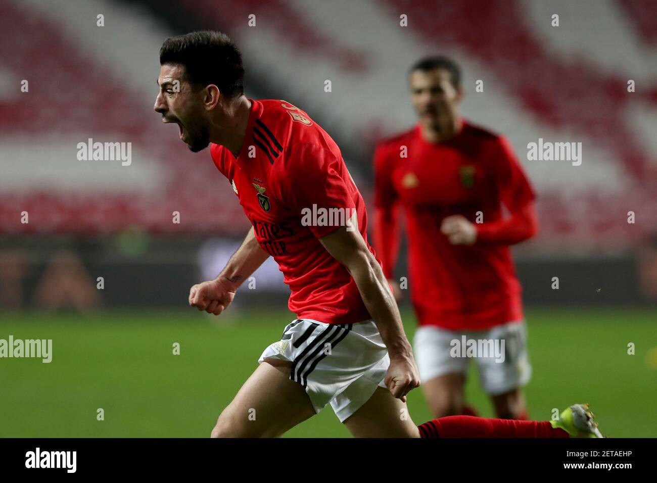 Lisbonne, Portugal. 1er mars 2021. Pizzi de SL Benfica célèbre après avoir marquant un but lors du match de football de la Ligue portugaise entre SL Benfica et Rio Ave FC au stade Luz à Lisbonne, Portugal, le 1er mars 2021. Crédit : Pedro Fiuza/ZUMA Wire/Alay Live News Banque D'Images